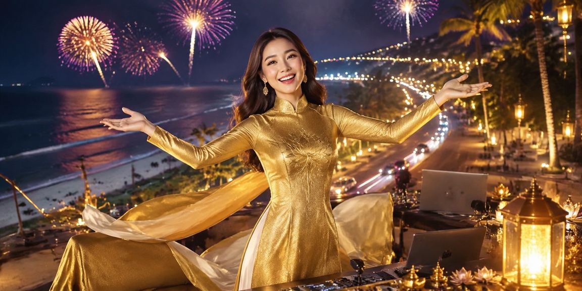 Người chơi sử dụng ứng dụng tk3 tại Mũi Né trong trang phục truyền thống